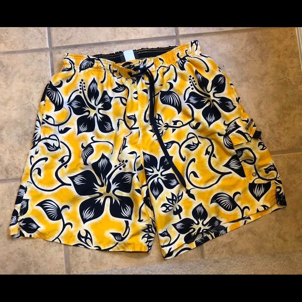 Speedo Black Yellow White Hawaiian Swimming Trunks